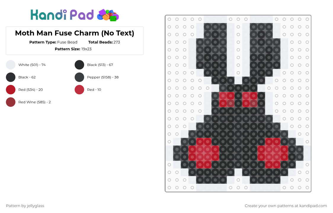 Moth Man Fuse Charm (No Text) - Fuse Bead Pattern by jellyglass on Kandi Pad - red,white,moth man,cryptid,moth,bug,fuse bead,black