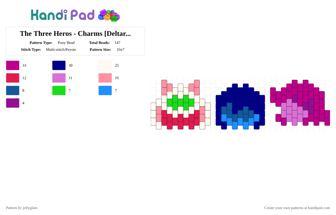 The Three Heros - Charms [Deltarune] - Pony Bead Pattern by jellyglass on Kandi Pad - charm, charms, deltarune, gaming, kris, pink, pony bead, purple, ralsei, susie
