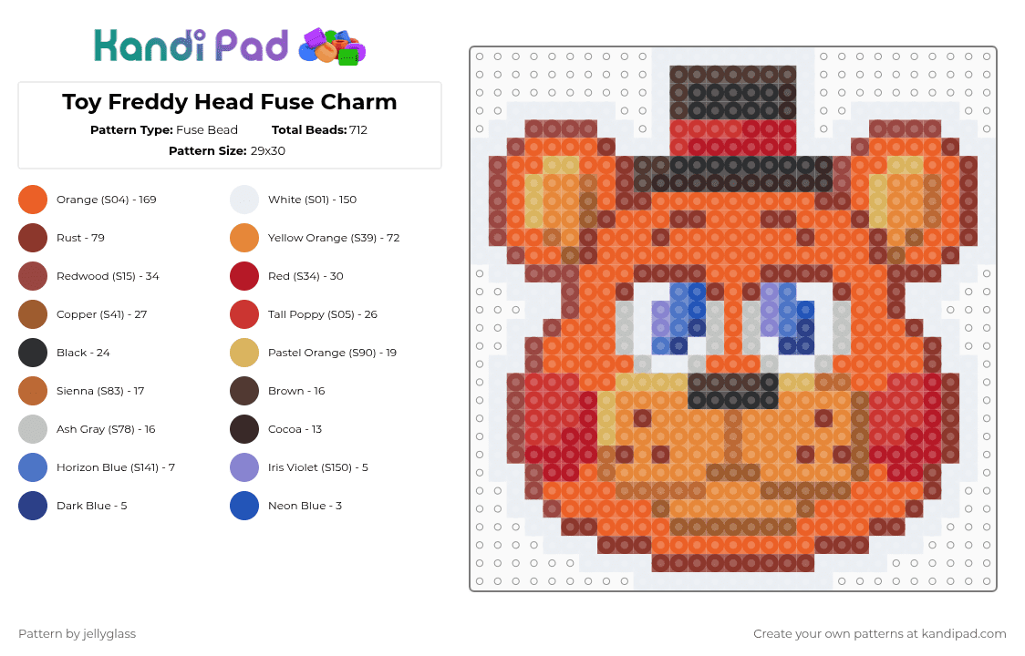 Toy Freddy Head Fuse Charm - Fuse Bead Pattern by jellyglass on Kandi Pad - red,orange,toy freddy,freddy,fnaf,fnaf 2,five nights at freddys,five nights at freddys 2,fuse bead,character