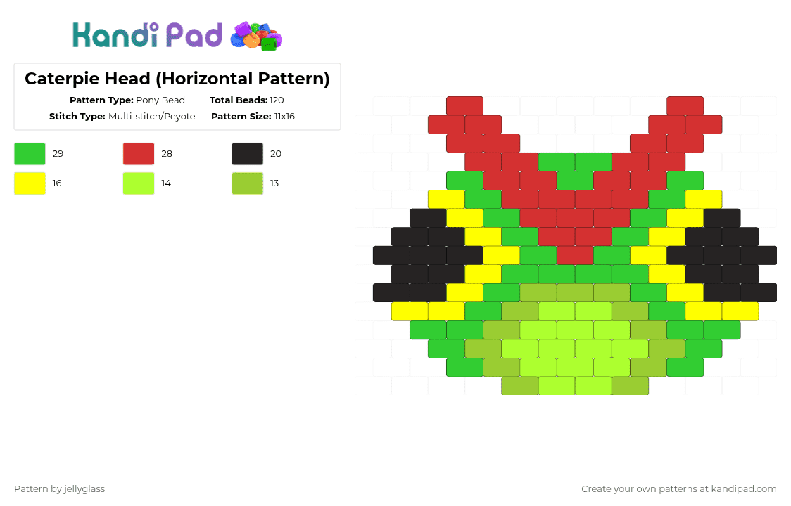 Caterpie Head (Horizontal Pattern) - Pony Bead Pattern by jellyglass on Kandi Pad - green,caterpie,pokemon,video game,characters,bug,charm