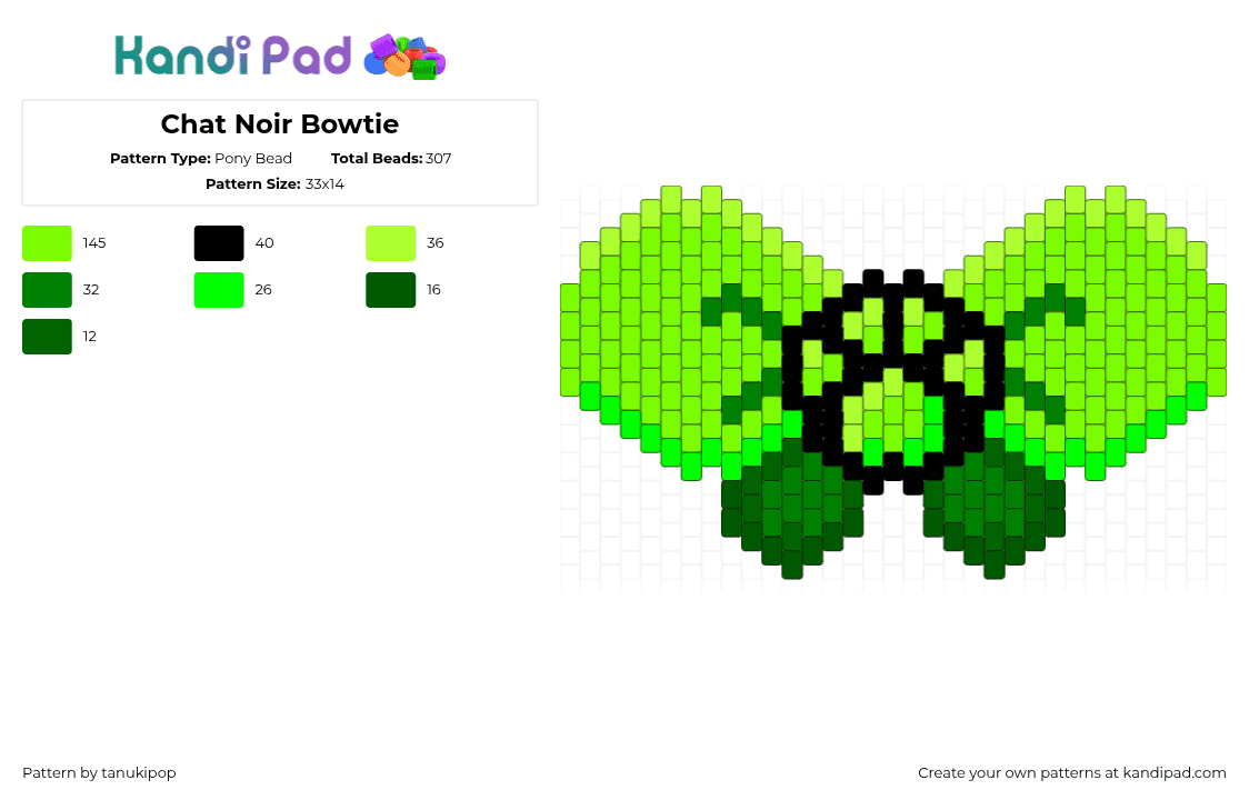 Chat Noir Bowtie - Pony Bead Pattern by jellyglass on Kandi Pad - green,chat noir,paw print,bowtie,bow,tv show,cartoon,miraculous ladybug