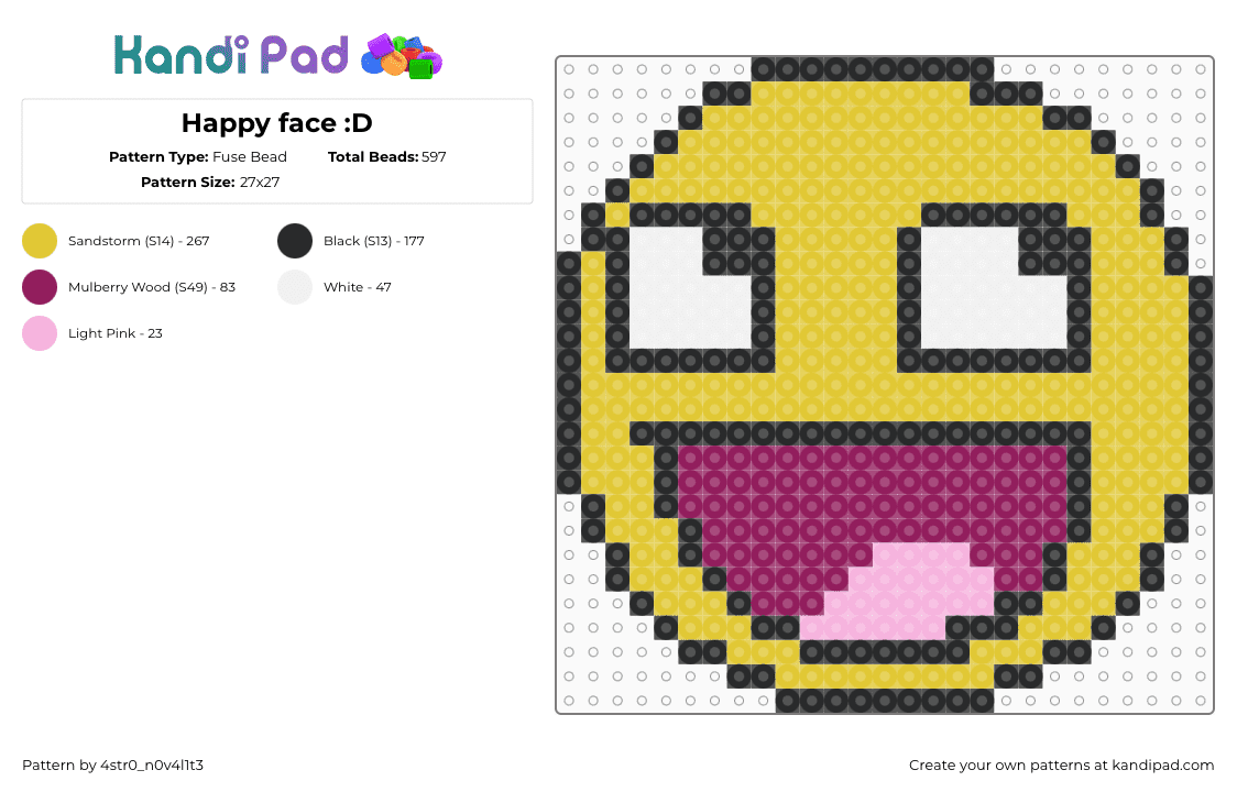 Happy face :D - Fuse Bead Pattern by emmaskyfriends on Kandi Pad - yellow,pink