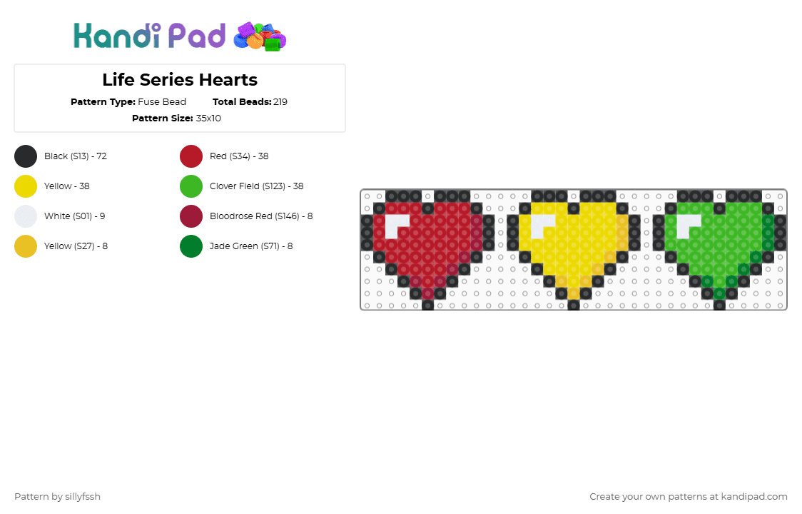 Life Series Hearts - Fuse Bead Pattern by sillyfssh on Kandi Pad - red,yellow,green,hermitcraft,mcyt,minecraft,life series,third life,grian