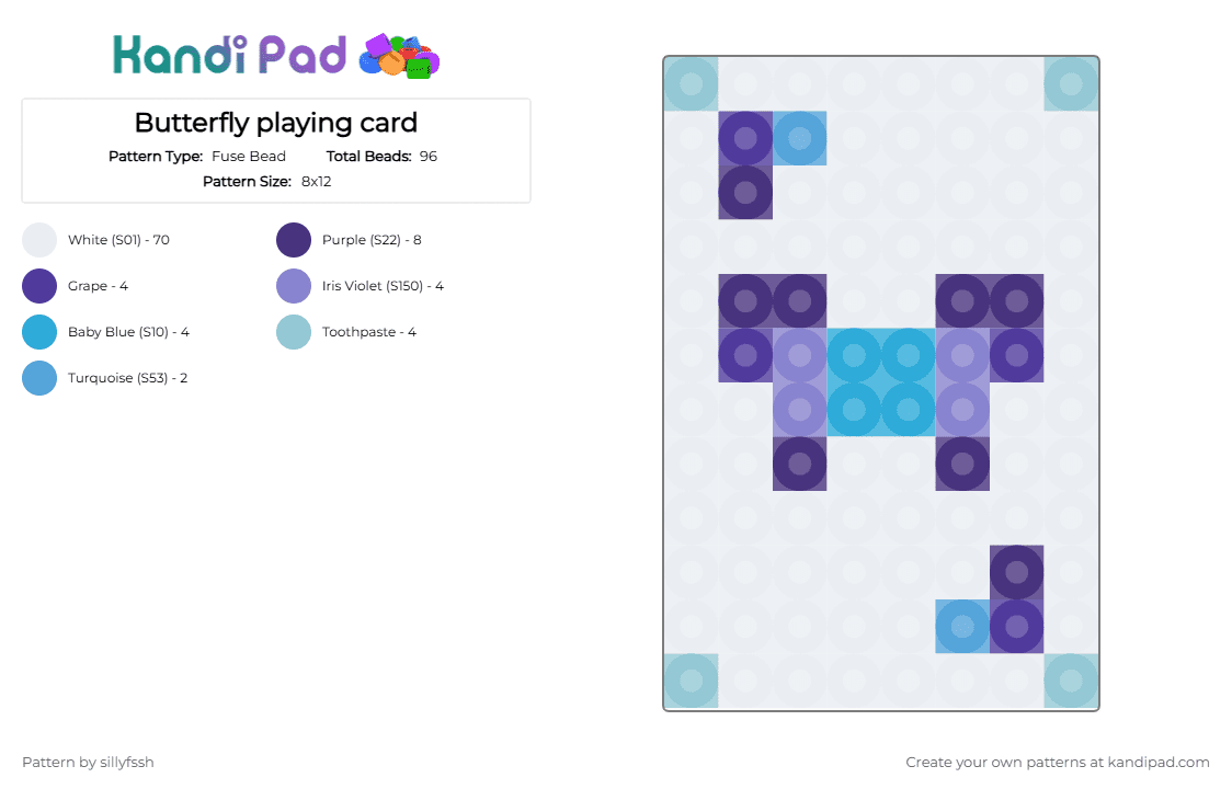 Butterfly playing card - Fuse Bead Pattern by sillyfssh on Kandi Pad - white,purple,light blue,butterfly,card,cards