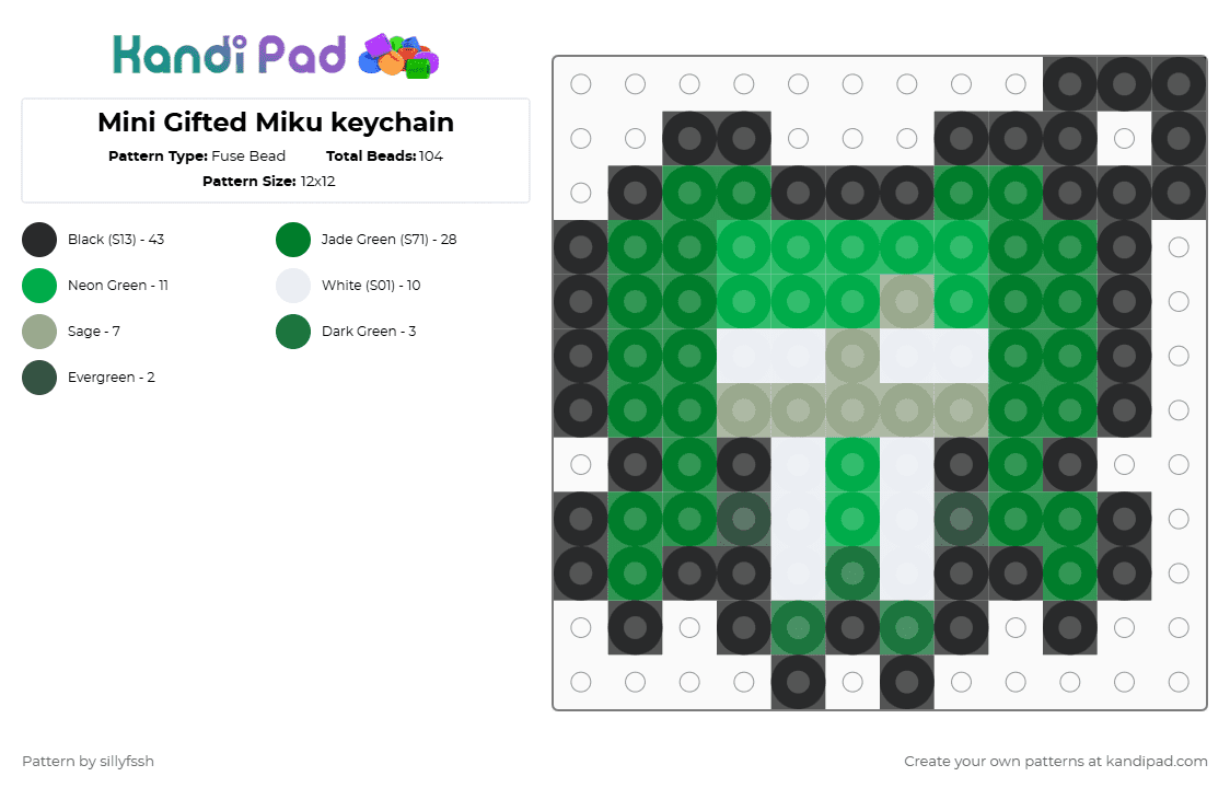 Mini Gifted Miku keychain - Fuse Bead Pattern by sillyfssh on Kandi Pad - green,miku,music,songs,vocaloid