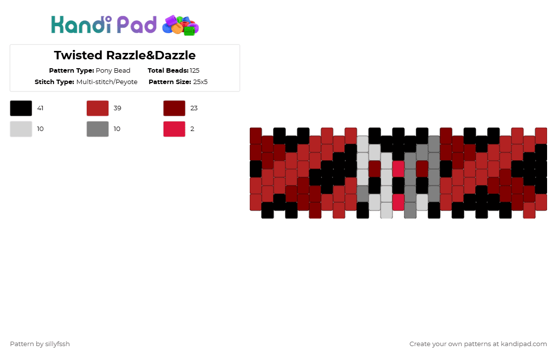 Twisted Razzle&Dazzle - Pony Bead Pattern by sillyfssh on Kandi Pad - red,dandys world,razzle,dazzle,spooky,rnd,razzle and dazzle
