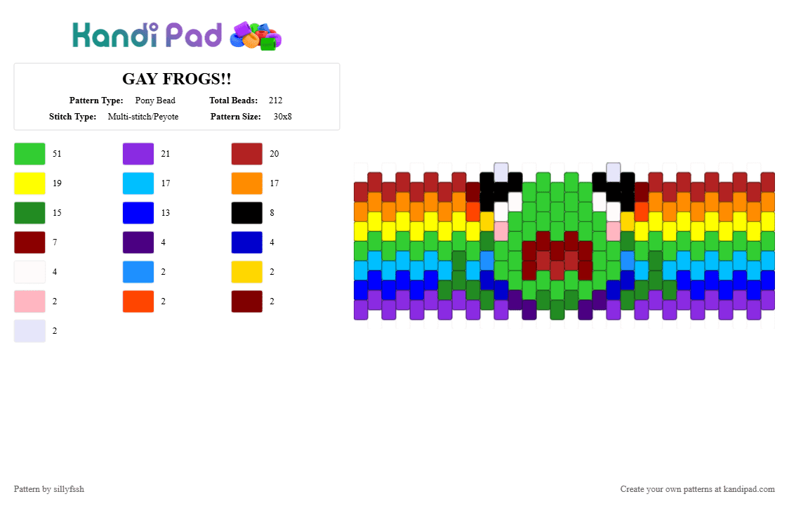 GAY FROGS!! - Pony Bead Pattern by sillyfssh on Kandi Pad - purple,green,red,pride,frog,gay,rainbow