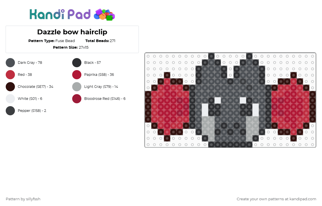 Dazzle bow hairclip - Fuse Bead Pattern by sillyfssh on Kandi Pad - gray,red,razzle,rnd,dazzle,dandys world