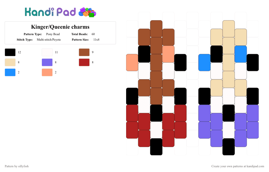 Kinger/Queenie charms - Pony Bead Pattern by sillyfssh on Kandi Pad - beige,blue,red,kinger,queenie,tadc,digital circus