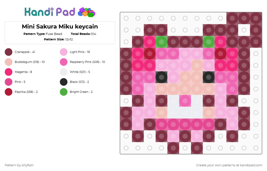 Mini Sakura Miku keycain - Fuse Bead Pattern by sillyfssh on Kandi Pad - pink,brown,miku,sakura,cute,vocaloid,songs,music