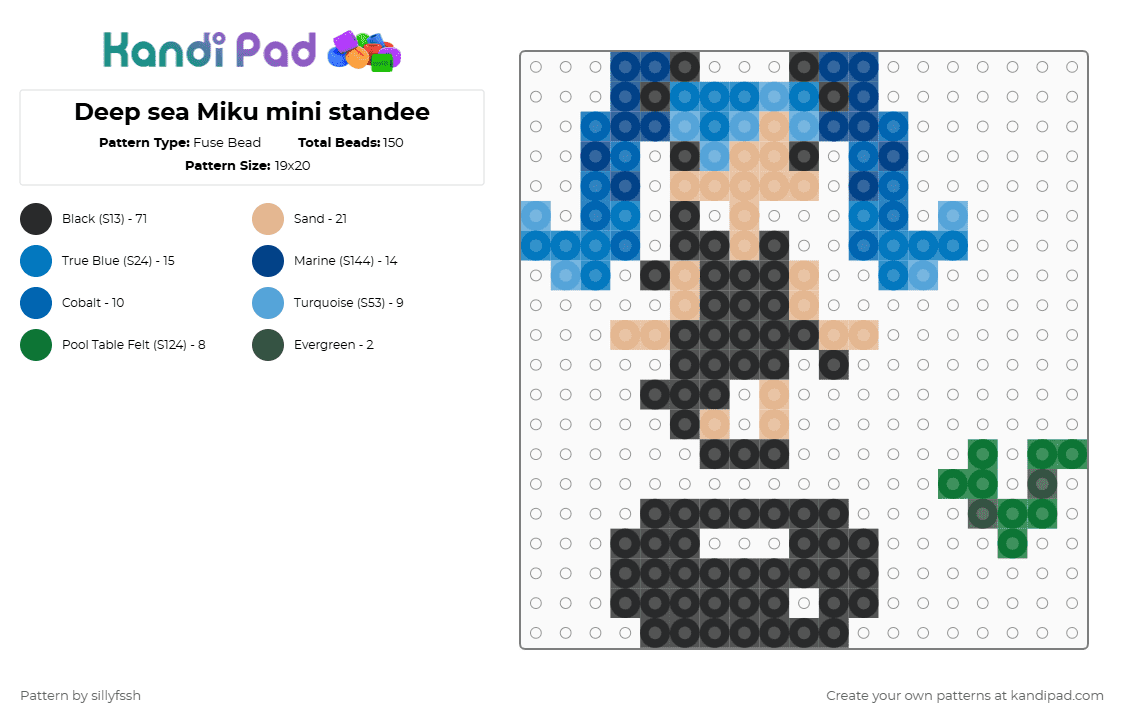 Deep sea Miku mini standee - Fuse Bead Pattern by sillyfssh on Kandi Pad - black,beige,blue,miku,deep sea,ocean,vocaloid,music