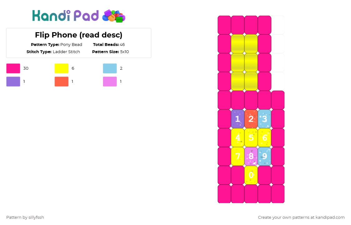 Flip Phone (read desc) - Pony Bead Pattern by sillyfssh on Kandi Pad - pink,yellow,phone,flip phone,cute