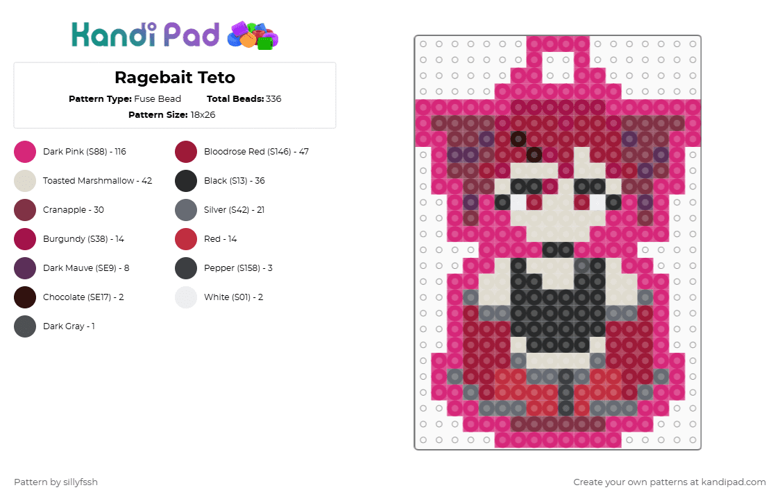 Ragebait Teto - Fuse Bead Pattern by sillyfssh on Kandi Pad - pink,red,teto,music,vocaloid,keychain