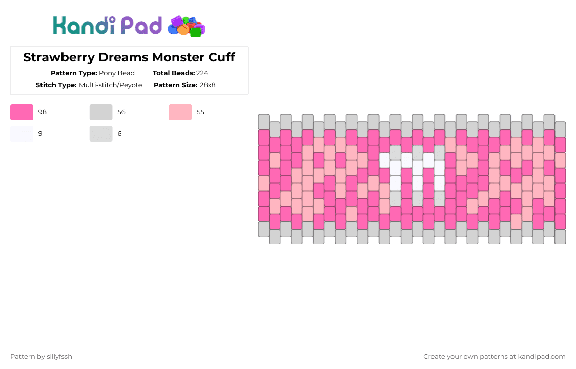 Strawberry Dreams Monster Cuff - Pony Bead Pattern by sillyfssh on Kandi Pad - white,pink,monster,strawberry,energy,monster energy