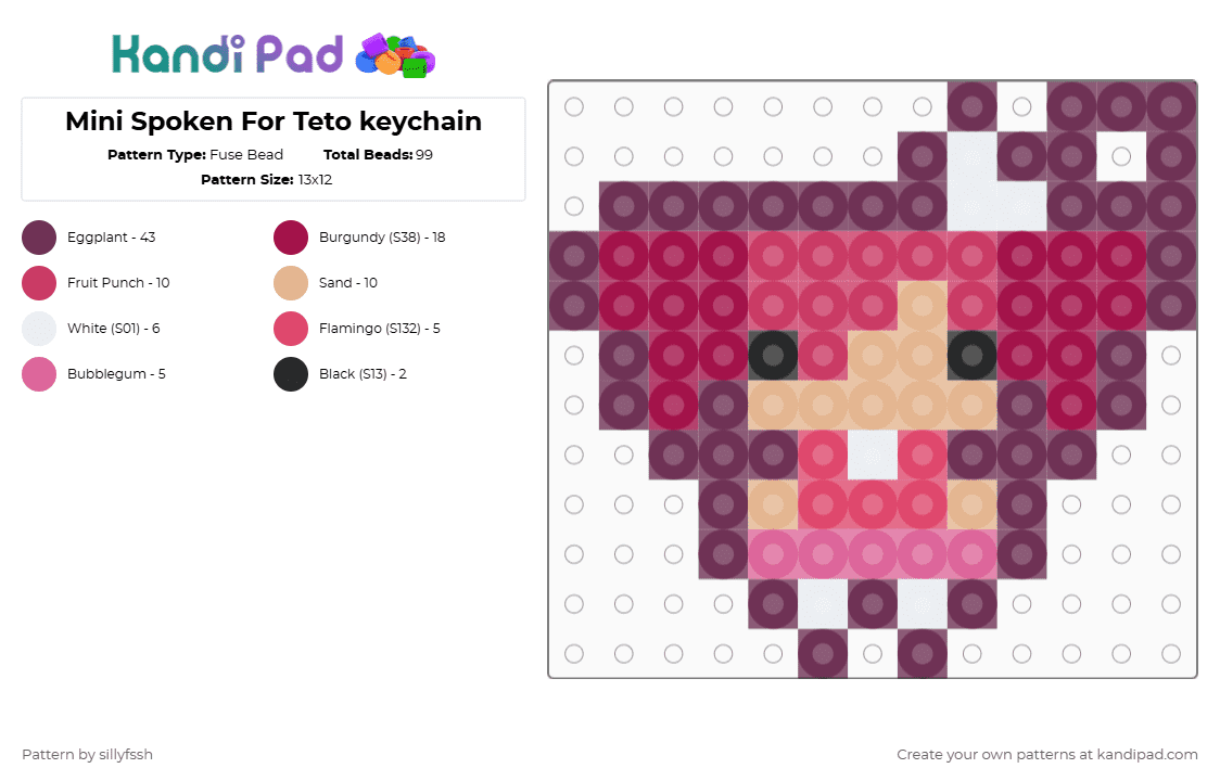 Mini Spoken For Teto keychain - Fuse Bead Pattern by sillyfssh on Kandi Pad - pink,teto,utau,vocaloid,music,songs,spoken for