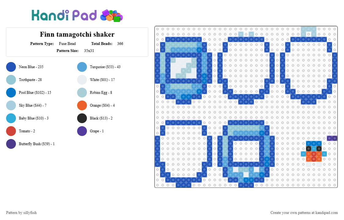 Finn tamagotchi shaker - Fuse Bead Pattern by sillyfssh on Kandi Pad - blue,light blue,finn,dandys world,dandy