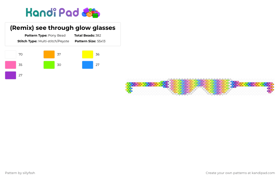 (Remix) see through glow glasses - Pony Bead Pattern by sillyfssh on Kandi Pad - light blue,pink,yellow,colorful,glasses,remix,shades,glow,rainbow
