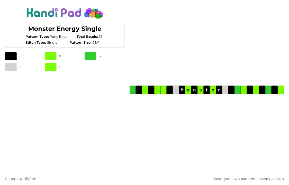 Monster Energy Single - Pony Bead Pattern by sillyfssh on Kandi Pad - green,monster,energy,monster energy,black,drink,soda,tab
