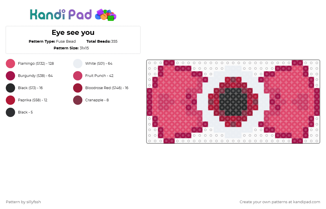Eye see you - Fuse Bead Pattern by sillyfssh on Kandi Pad - red,pink,cotdhalloween2025,halloween,spooky,eye,eyeball,bow,creepy