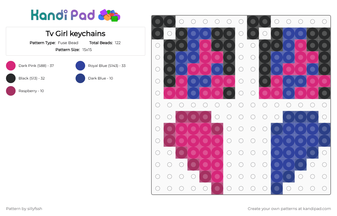 Tv Girl keychains - Fuse Bead Pattern by sillyfssh on Kandi Pad - purple,pink,tv girl,blue,matching