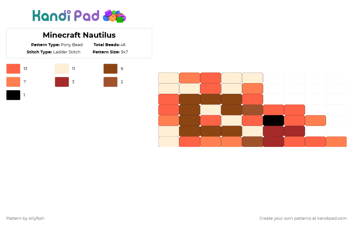 Minecraft Nautilus - Pony Bead Pattern by sillyfssh on Kandi Pad - red,minecraft,video games,ocean,sea creatures,squid,nautilus