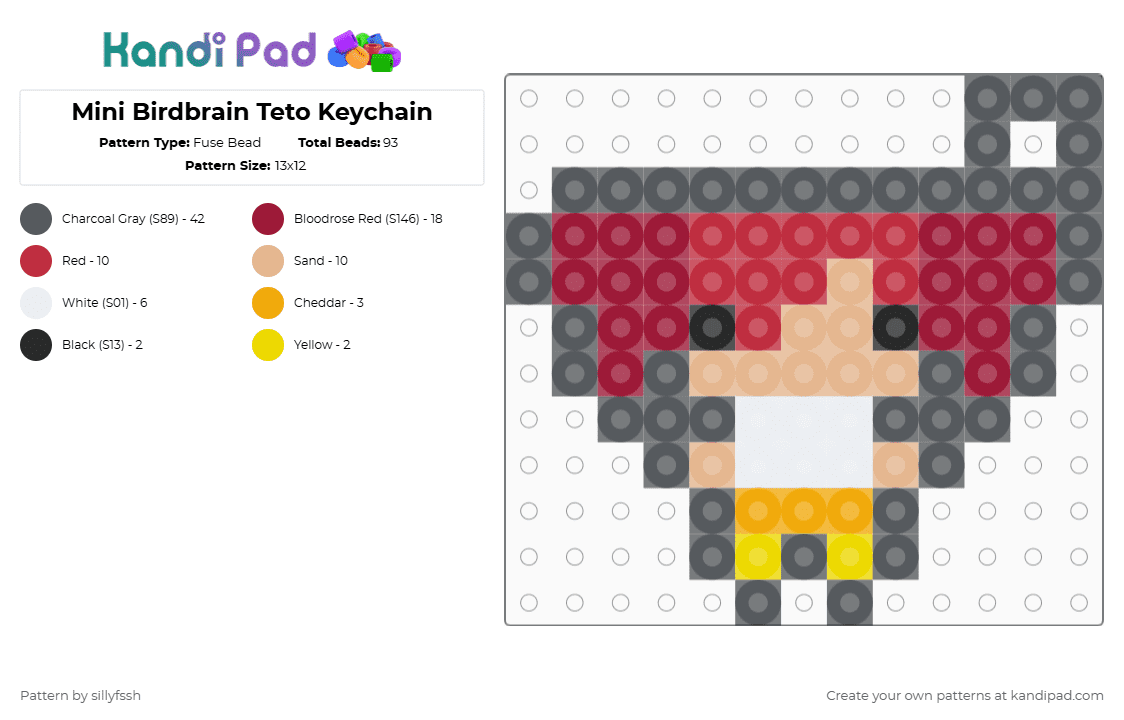 Mini Birdbrain Teto Keychain - Fuse Bead Pattern by sillyfssh on Kandi Pad - red,gray,teto,vocaloid,music,birdbrain