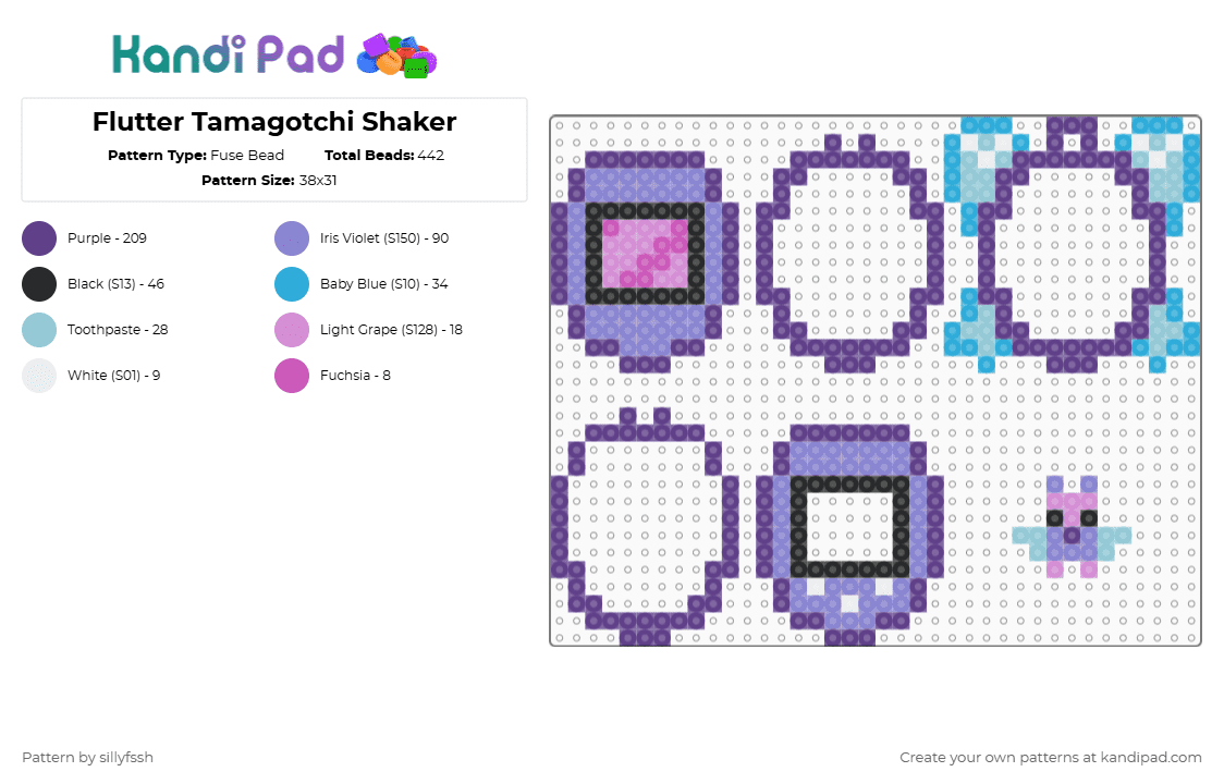 Flutter Tamagotchi Shaker - Fuse Bead Pattern by sillyfssh on Kandi Pad - purple,dandys world,roblox,tamagotchi,shaker,flutter,butterfly