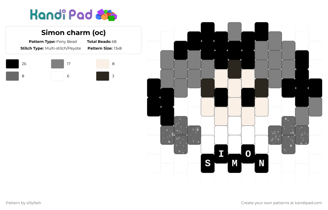 Simon charm (oc) - Pony Bead Pattern by sillyfssh on Kandi Pad - white,gray,jester,fire,charm,emo,grey,black,clown