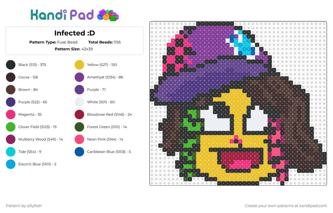 Infected :D - Fuse Bead Pattern by sillyfssh on Kandi Pad - purple,pink,brown,yellow,infected,regretevator,unpleasant,gradient,roblox,elevator,neon,scene