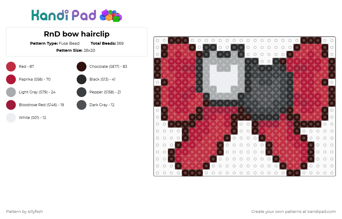 RnD bow hairclip - Fuse Bead Pattern by sillyfssh on Kandi Pad - red,bow,razzle,dazzle,hairclip,mini