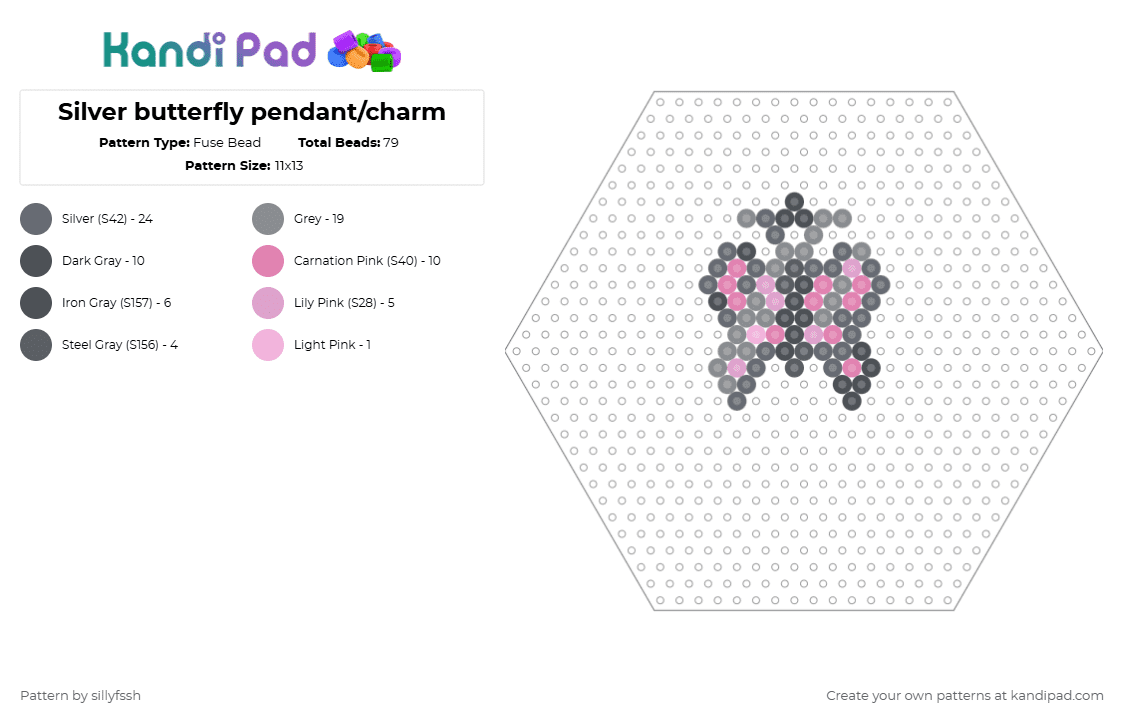 Silver butterfly pendant/charm - Fuse Bead Pattern by sillyfssh on Kandi Pad - gray,cotdfairycore,butterfly,nature,silver,pink