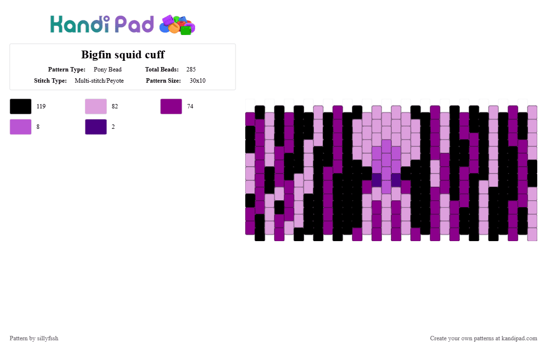 Bigfin squid cuff - Pony Bead Pattern by sillyfssh on Kandi Pad - pink,squid,ocean,sea creatures,animals,purple,magnapinna,deep sea