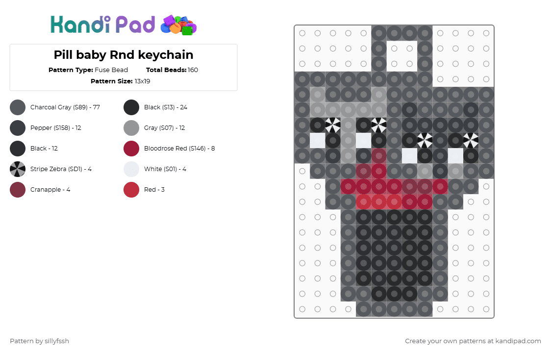 Pill baby Rnd keychain - Fuse Bead Pattern by sillyfssh on Kandi Pad - gray,rnd,baby,razzle,dazzle,dandys world,keychain,silly,cute