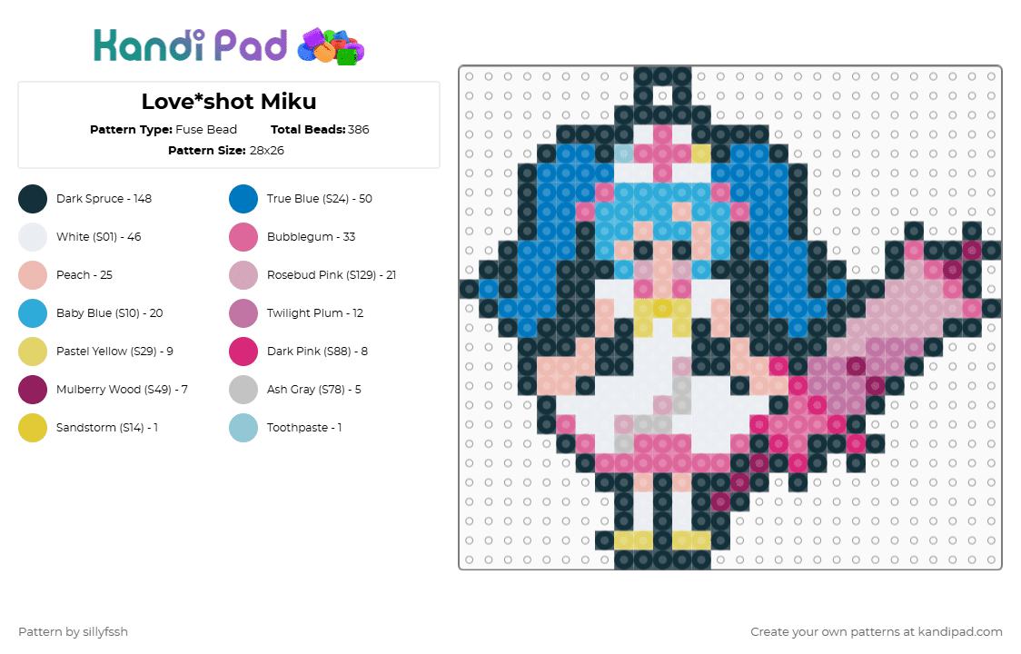 Love*shot Miku - Fuse Bead Pattern by sillyfssh on Kandi Pad - pink,blue,cotdhospitals,miku,love,love shot,music,vocaloid
