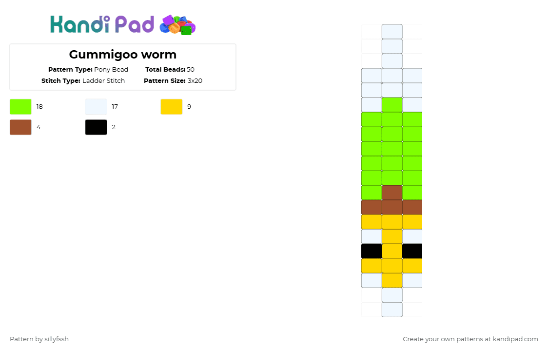 Gummigoo worm - Pony Bead Pattern by sillyfssh on Kandi Pad - green,gummigoo,yellow,tadc,worm