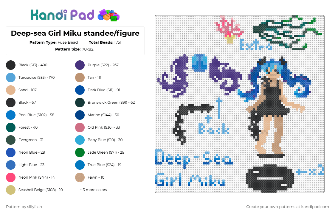 Deep-sea Girl Miku standee/figure - Fuse Bead Pattern by sillyfssh on Kandi Pad - blue,light blue,beige,purple,miku,ocean,deep sea,girl,vocaloid