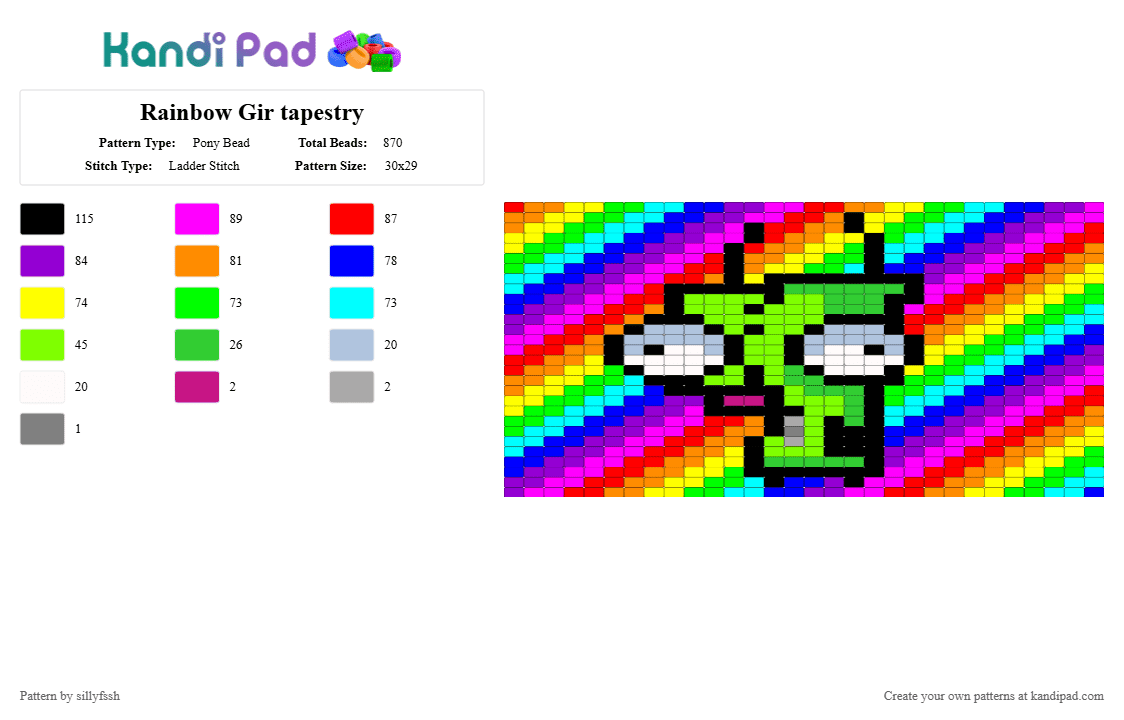 Rainbow Gir tapestry - Pony Bead Pattern by sillyfssh on Kandi Pad - orange,green,purple,pink,colorful,gir,invader zim,rainbow,scenecore