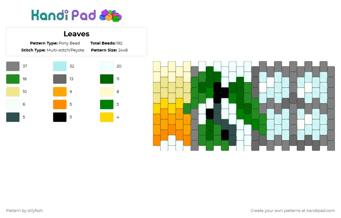 Leaves - Pony Bead Pattern by sillyfssh on Kandi Pad - green,gray,light blue,cotdsolarpunk,plant,leaves,nature,sunset,windows,solarpunk