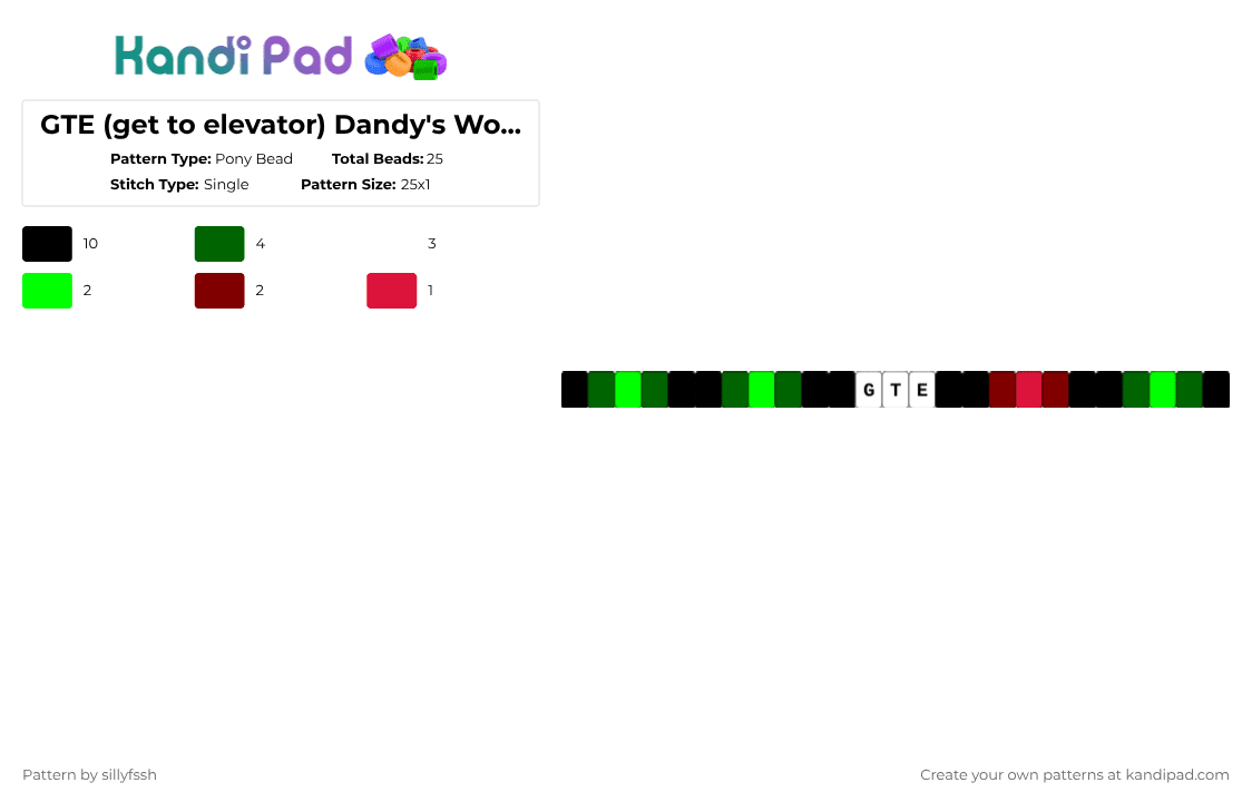 GTE (get to elevator) Dandy\'s World single - Pony Bead Pattern by sillyfssh on Kandi Pad - green,gte,dandys world,dandy,ichor,black,red
