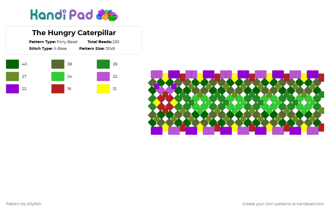 The Hungry Caterpillar - Pony Bead Pattern by sillyfssh on Kandi Pad - apple, bug, food, gold, green, hungry caterpillar, nature
