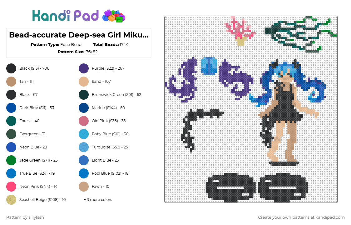 Bead-accurate Deep-sea Girl Miku standee/figurine - Fuse Bead Pattern by sillyfssh on Kandi Pad - black,blue,beige,purple,miku,ocean,deep sea,girl,music,songs,vocaloid