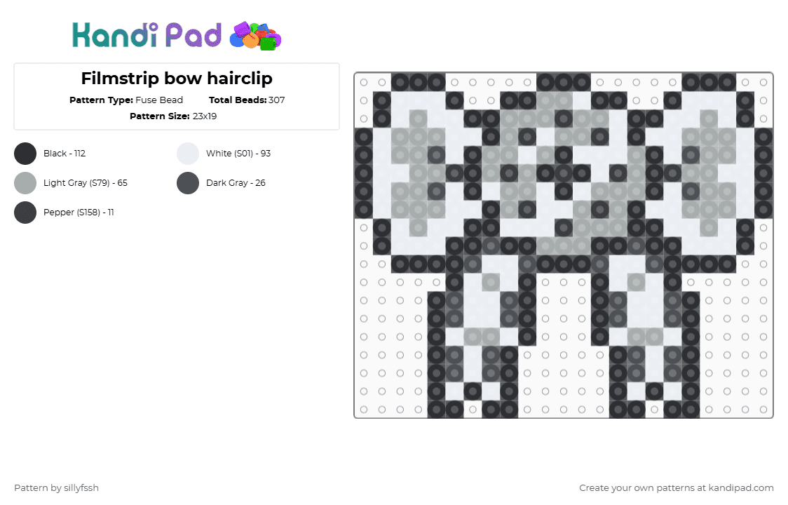 Filmstrip bow hairclip - Fuse Bead Pattern by sillyfssh on Kandi Pad - white,gray,theater,bow,film,movie