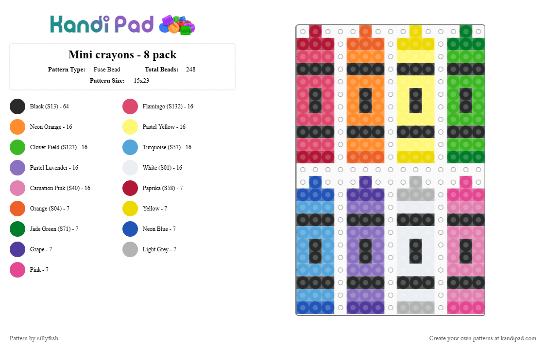 Mini crayons - 8 pack - Fuse Bead Pattern by sillyfssh on Kandi Pad - orange,green,pink,colorful,rainbow,crayon,mini