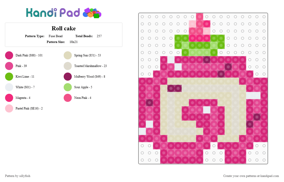 Roll cake - Fuse Bead Pattern by sillyfssh on Kandi Pad - pink,cotdcakes,cake,roll cake,food,cute