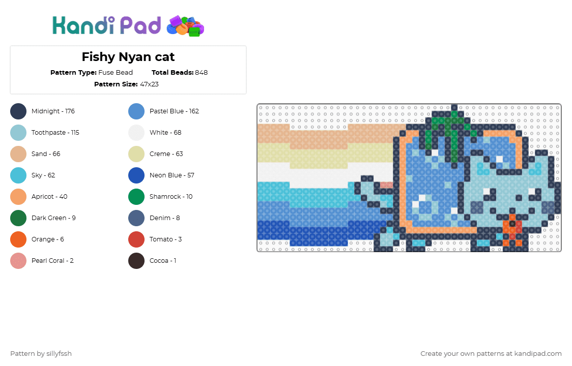 Fishy Nyan cat - Fuse Bead Pattern by sillyfssh on Kandi Pad - purple,light blue,fish,nyan cat,ocean,blue