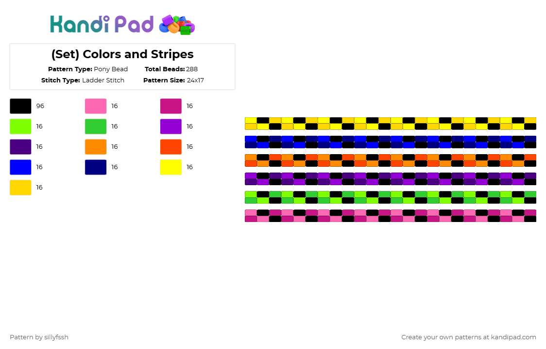 (Set) Colors and Stripes - Pony Bead Pattern by sillyfssh on Kandi Pad - pink,green,purple,yellow,scene,blue,orange,black