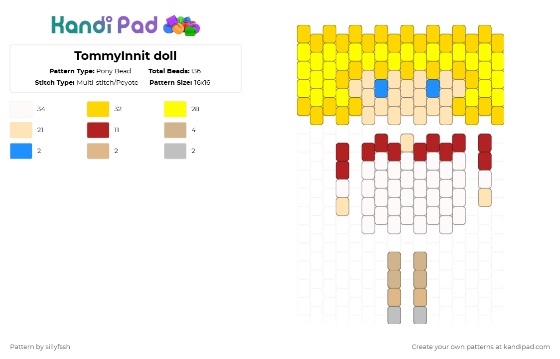 TommyInnit doll - Pony Bead Pattern by sillyfssh on Kandi Pad - yellow,beige,dsmp,mcyt,tommy,tommyinnit,minecraft,doll