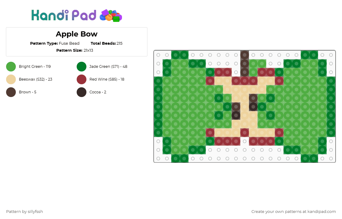 Apple Bow - Fuse Bead Pattern by sillyfssh on Kandi Pad - green,apple,bow,fruit,food