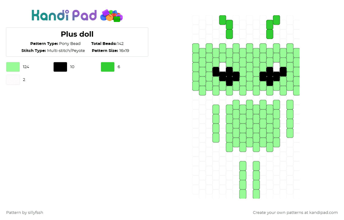 Plus doll - Pony Bead Pattern by sillyfssh on Kandi Pad - teal,alien,jd,roblox,mm2,video game,youtube,plus,doll