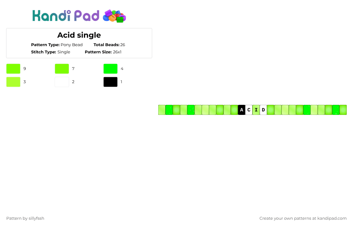 Acid single - Pony Bead Pattern by sillyfssh on Kandi Pad - green,acid,lime,danger,drink,single,poison,magic